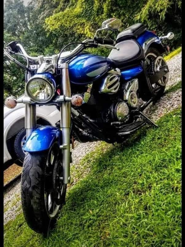 blue motorcycle parked in a grassy area
